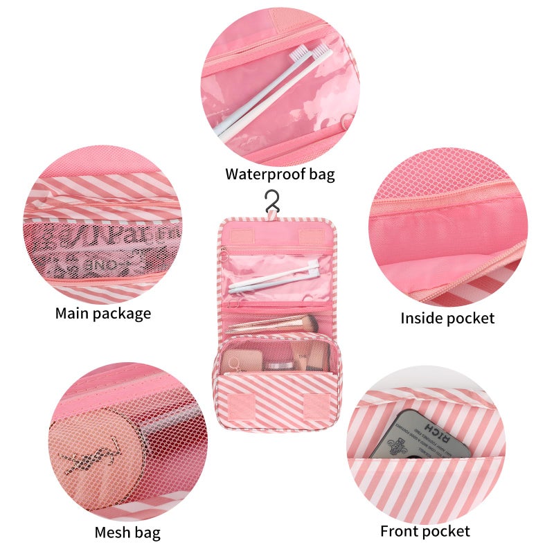 Motroce Foldable Hanging Travel Toiletry Bag,Waterproof Portable Travel Bags, Multifunction Travel Makeup Cosmetic Bag Organizer with Hanging Hook (Pink Stripe) - Image 4