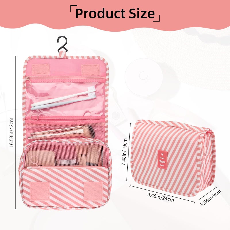Motroce Foldable Hanging Travel Toiletry Bag,Waterproof Portable Travel Bags, Multifunction Travel Makeup Cosmetic Bag Organizer with Hanging Hook (Pink Stripe) - Image 2