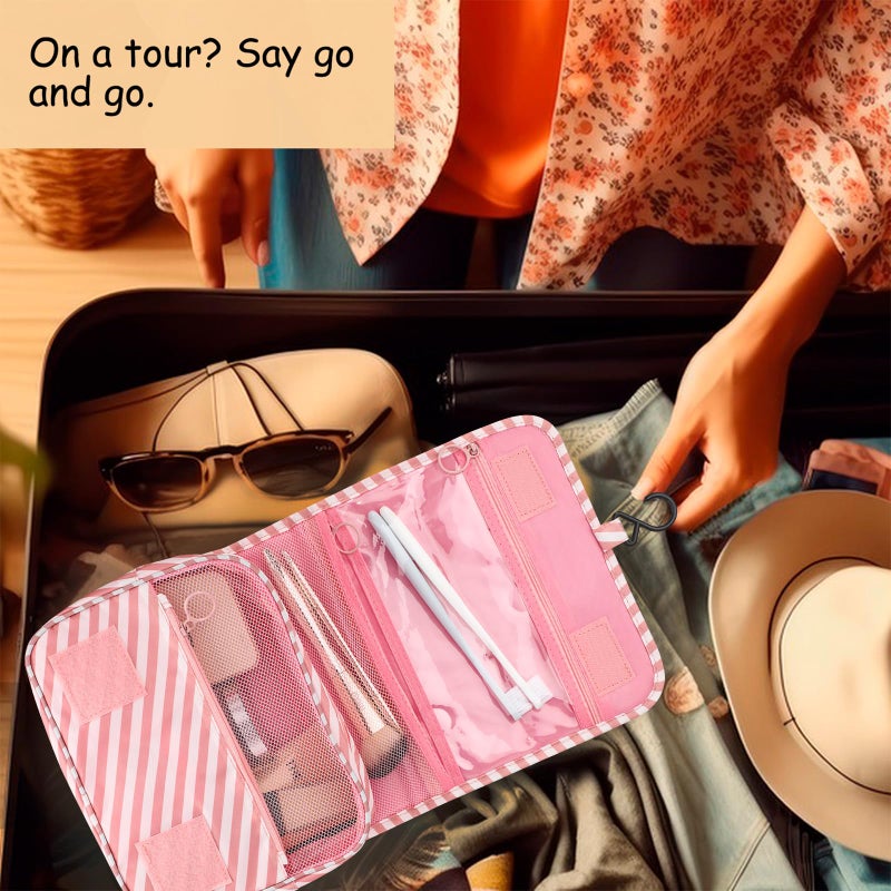 Motroce Foldable Hanging Travel Toiletry Bag,Waterproof Portable Travel Bags, Multifunction Travel Makeup Cosmetic Bag Organizer with Hanging Hook (Pink Stripe) - Image 5