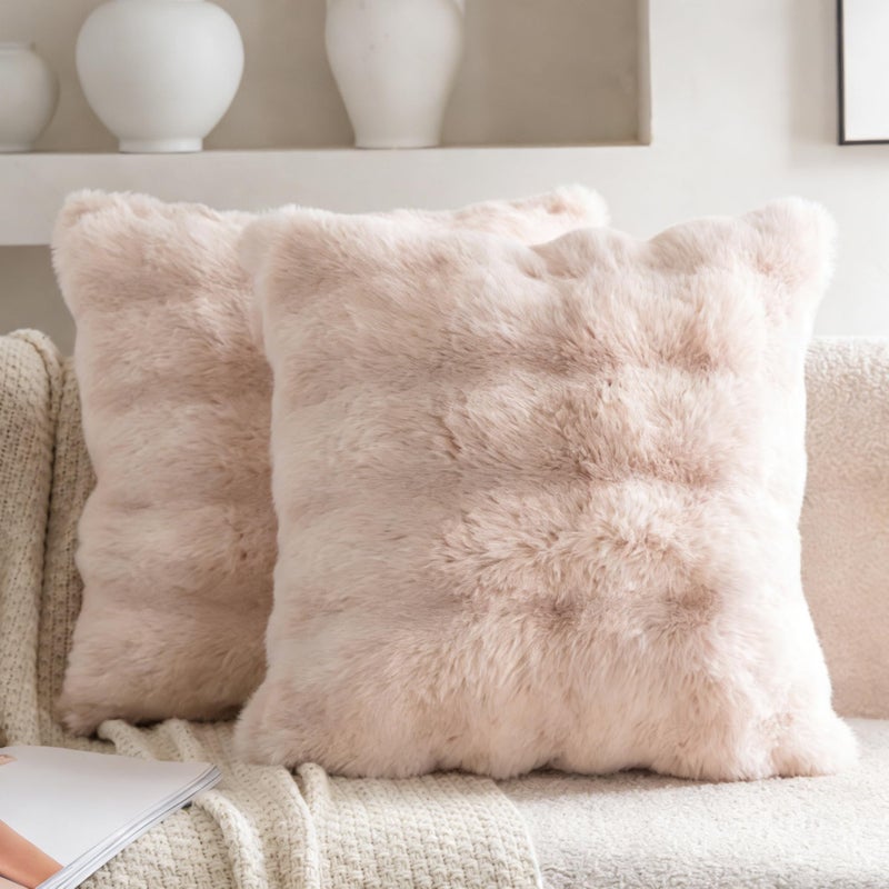 Neelvin Beige Faux Fur Pillow Covers Set of 2 Luxury Soft Fluffy Throw Pillow Covers for Couch Fuzzy Decorative Plaid Plush Cushion Cases for Living Room Sofa Bedroom Decor - Image 2