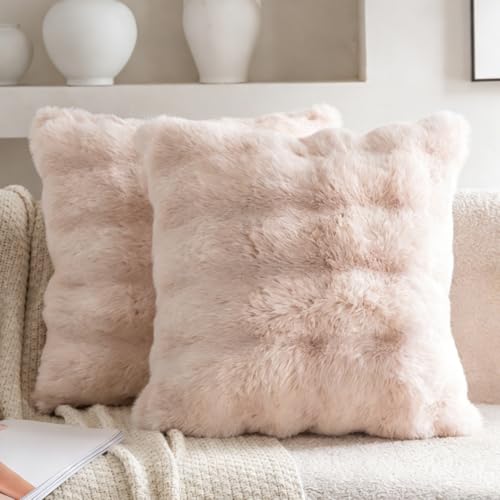 Neelvin Beige Faux Fur Pillow Covers Set of 2 Luxury Soft Fluffy Throw Pillow Covers for Couch Fuzzy Decorative Plaid Plush Cushion Cases for Living Room Sofa Bedroom Decor - Image 1