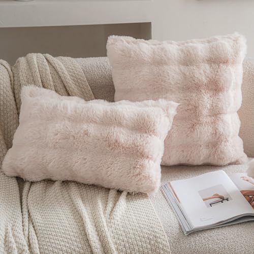 Neelvin Beige Faux Fur Pillow Covers Set of 2 Luxury Soft Fluffy Throw Pillow Covers for Couch Fuzzy Decorative Plaid Plush Cushion Cases for Living Room Sofa Bedroom Decor - Image 3