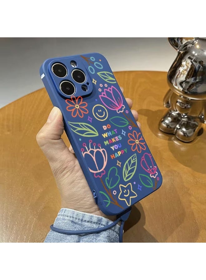 Temu Blue iPhone case with colorful floral designs and a yellow smiley face, featuring a hand strap for easy carrying. Provides full coverage, shock and scratch resistance, and is compatible with iPhone 13 Pro Max. - Image 3