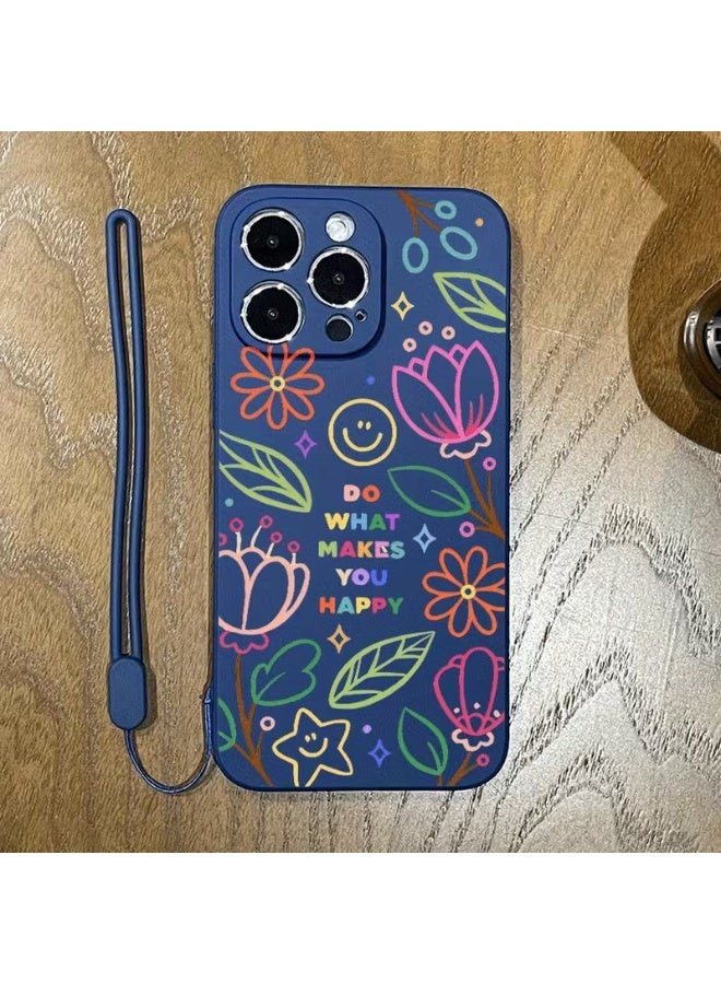 Temu Blue iPhone case with colorful floral designs and a yellow smiley face, featuring a hand strap for easy carrying. Provides full coverage, shock and scratch resistance, and is compatible with iPhone 13 Pro Max. - Image 1