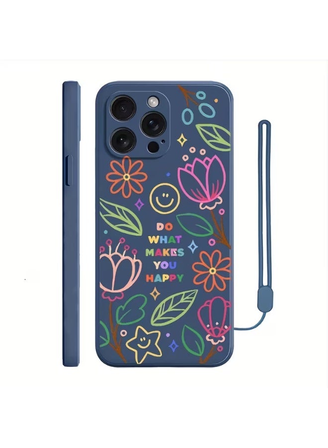Temu Blue iPhone case with colorful floral designs and a yellow smiley face, featuring a hand strap for easy carrying. Provides full coverage, shock and scratch resistance, and is compatible with iPhone 13 Pro Max. - Image 2
