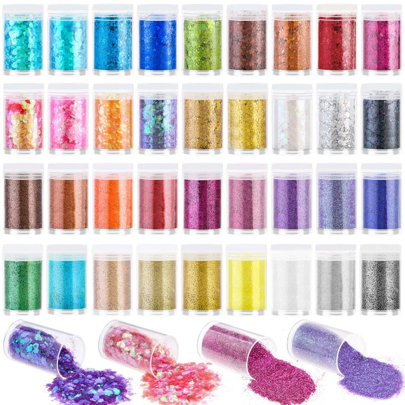 Audab Fine and Chunky Glitter Powder for Resin Assorted Holographic Nail Sequins for Hair Makeup Slime Resin Molds Tumblers 36 Pcs
