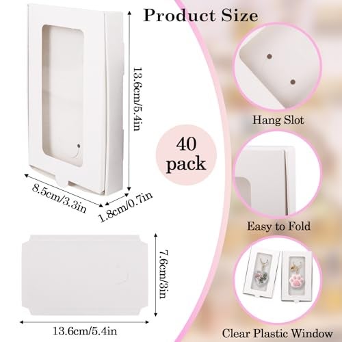 Klmnop 40 Pcs Sublimation Keychain Packaging Box, 5.4" x 3.4" x 0.7" Paper Necklace Packaging Box Bulk with Clear Window Display Card, Jewelry Gift Boxes for Necklace Bracelet Earring Keychain(White) - Image 2