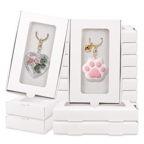 Klmnop 40 Pcs Sublimation Keychain Packaging Box, 5.4" x 3.4" x 0.7" Paper Necklace Packaging Box Bulk with Clear Window Display Card, Jewelry Gift Boxes for Necklace Bracelet Earring Keychain(White) - Image 1