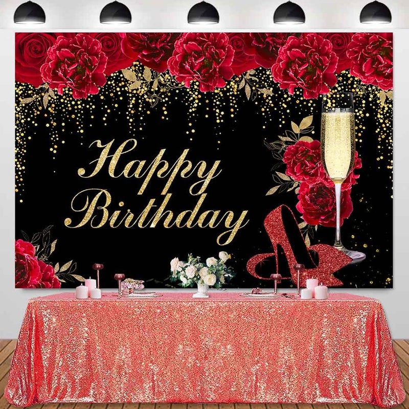 Sensfun 7x5ft Red Floral Birthday Backdrop Magenta Flowers High Heels Birthday Party Decorations Glitter Gold Dots Women Happy Birthday Banner Photoshoot Photography Background Party Supplies - Image 2