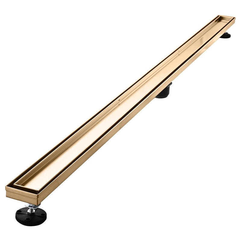AVSIILE Linear Shower Floor Drain Brushed Gold 60 Inch 304 Stainless Steel Bathroom Drains Kit Rectangular Shower Trench Drain with Reversable Tilein Pattern Drain Cover Hair Catcher