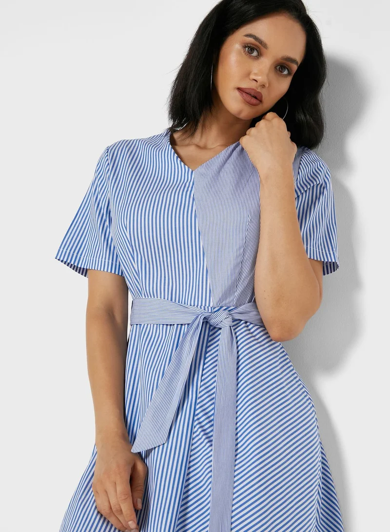 ELLA Striped Half & Half Self Tire Midi Dress