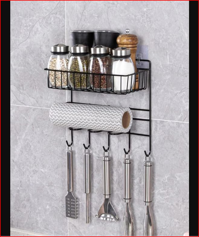 XELYTON 3 in 1 Multipurpose Adhesive Kitchen Shelf with Hanging Hook Tissue Holder Rack Space Saving Storage Solution for a Clutter Free Kitchen and Bathroom shrlf - Image 3