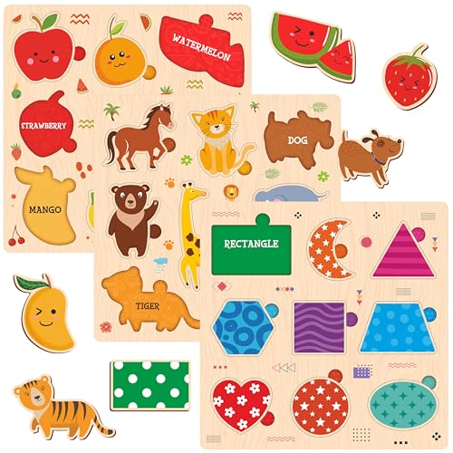Webby Wooden Learning Puzzle Set | Educational Montessori Toys with Shapes, Animals and Fruits | Set of 3 Puzzles for Kids - Image 1