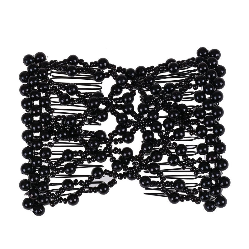 Ruihfas Delicate Women Girls Easy Stretch Pearls Combs Beaded Hair Comb Jewelry Double Clips Black