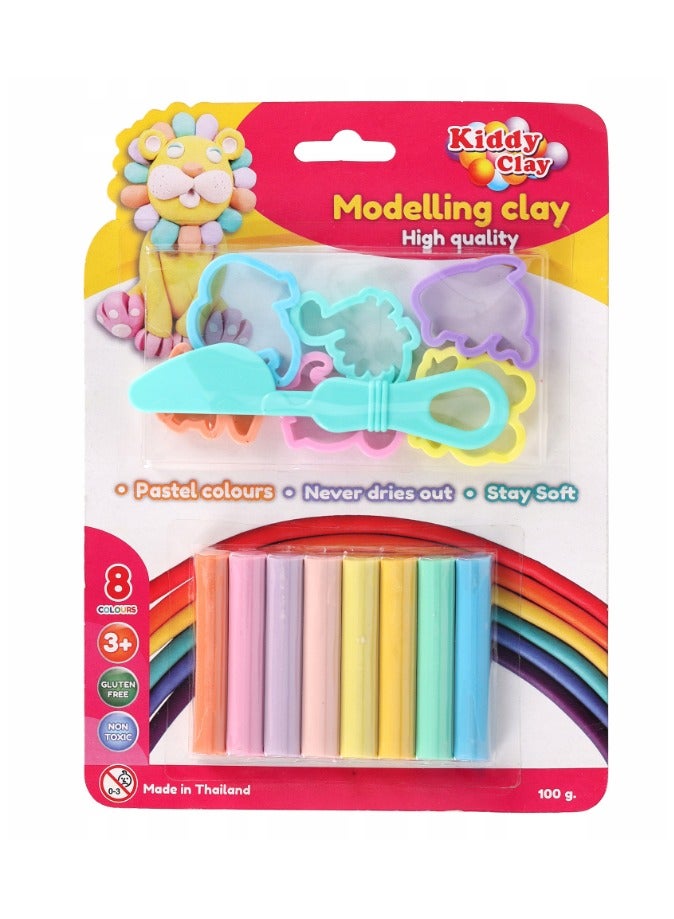 Fun & Fun Kiddy Clay children's set 8 pastel plasticines + 6 molds + knife - Image 1