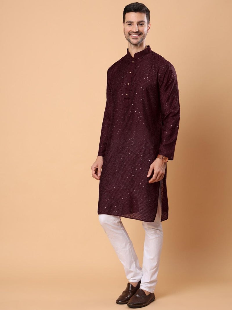 SWAGG INDIA كُرتا مستقيم مزخرف بخيوط لامعة من رايون للرجال بتصميم هندسي | ملابس تقليدية - Image 3