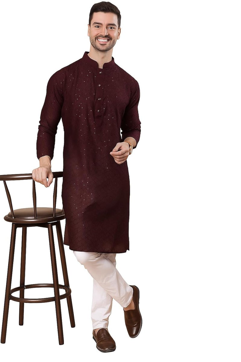 SWAGG INDIA كُرتا مستقيم مزخرف بخيوط لامعة من رايون للرجال بتصميم هندسي | ملابس تقليدية - Image 1