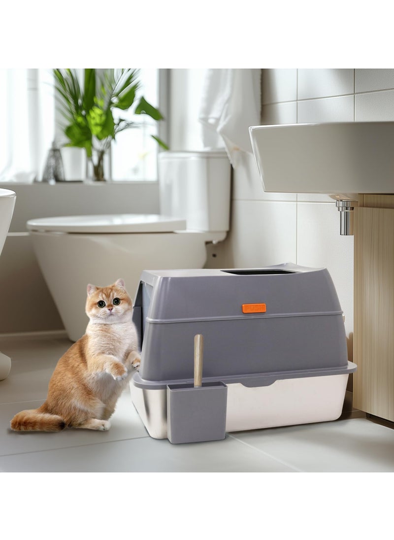 Stainless Steel Cat Litter Box Extra Large Cat Litter Box with Removable Lid High Sided Front Entry Top Exit Litter Box Odor Control Anti-Leakage Non-Sticky & Easy Clean