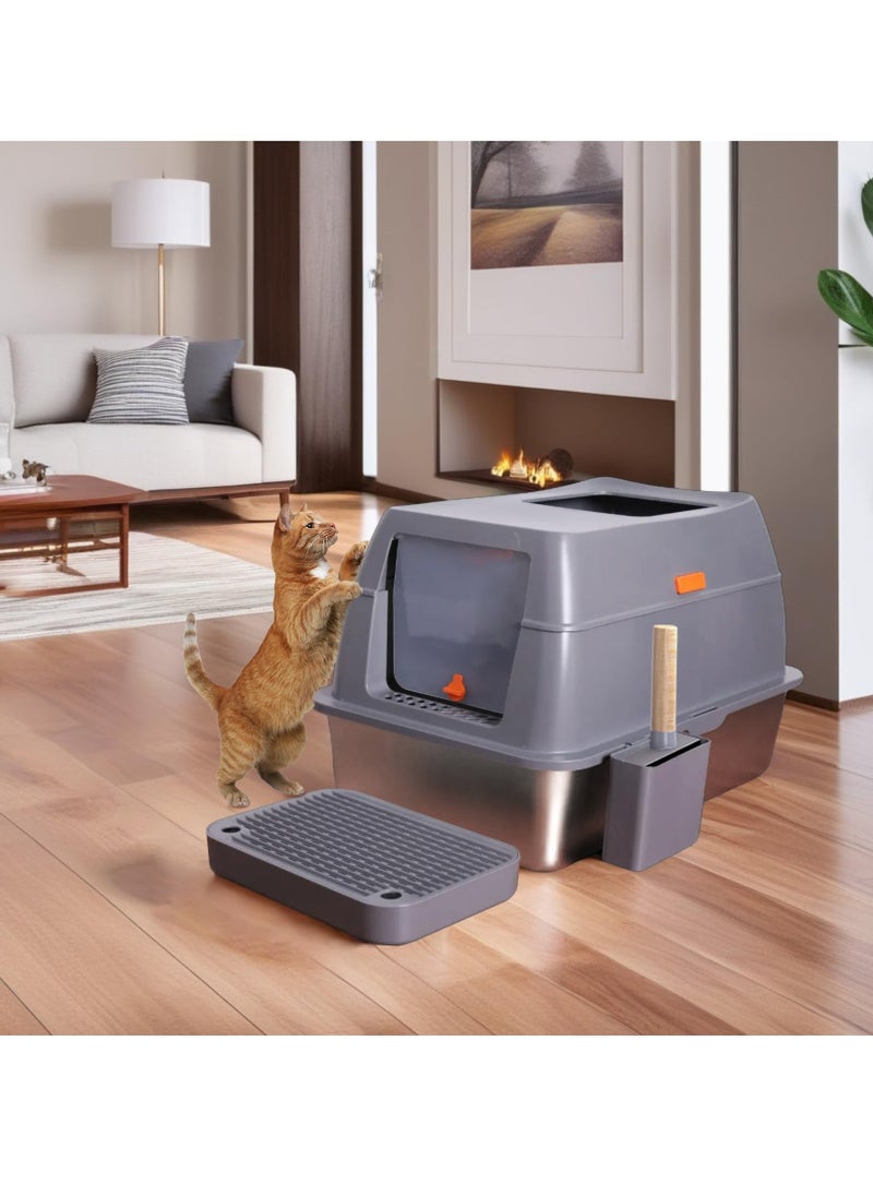 Stainless Steel Cat Litter Box Extra Large Cat Litter Box with Removable Lid High Sided Front Entry Top Exit Litter Box Odor Control Anti-Leakage Non-Sticky & Easy Clean