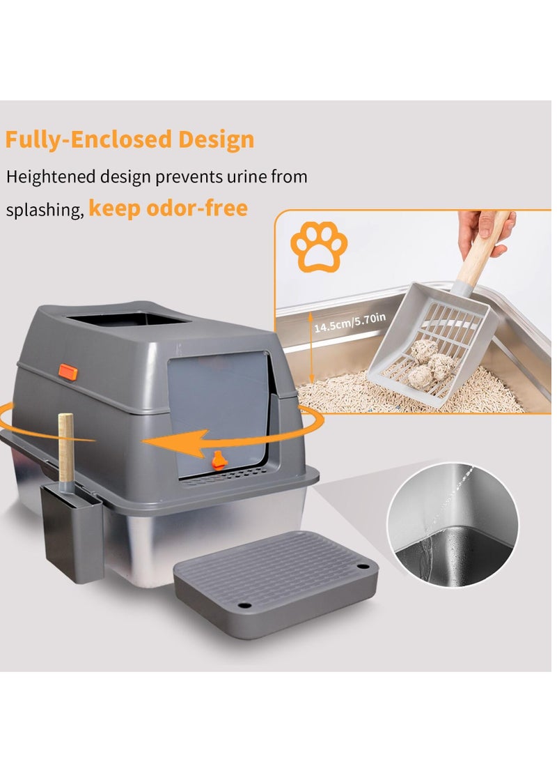 Stainless Steel Cat Litter Box Extra Large Cat Litter Box with Removable Lid High Sided Front Entry Top Exit Litter Box Odor Control Anti-Leakage Non-Sticky & Easy Clean