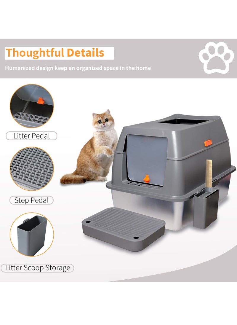 Stainless Steel Cat Litter Box Extra Large Cat Litter Box with Removable Lid High Sided Front Entry Top Exit Litter Box Odor Control Anti-Leakage Non-Sticky & Easy Clean