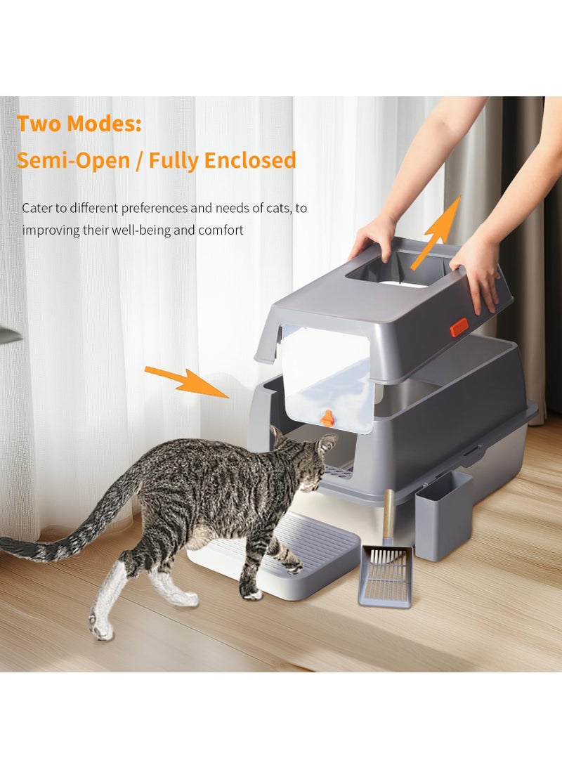 Stainless Steel Cat Litter Box Extra Large Cat Litter Box with Removable Lid High Sided Front Entry Top Exit Litter Box Odor Control Anti-Leakage Non-Sticky & Easy Clean