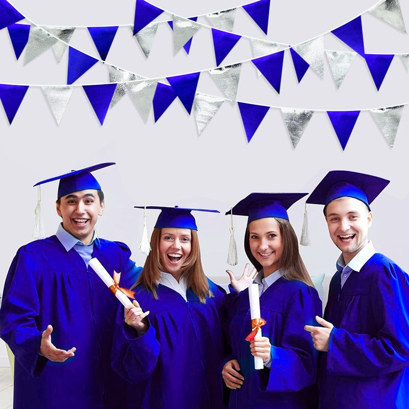 pinkblume زينة حفلات باللون الأزرق الملكي والفضي علم مثلث أزرق بحري علم قماش معدني زينة للحفلات لأعياد الميلاد والتخرج والزفاف والتقاعد وموضوع القراصنة والبحرية - Image 3