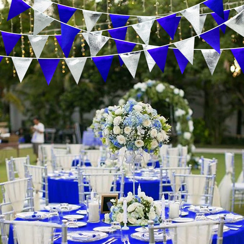 pinkblume زينة حفلات باللون الأزرق الملكي والفضي علم مثلث أزرق بحري علم قماش معدني زينة للحفلات لأعياد الميلاد والتخرج والزفاف والتقاعد وموضوع القراصنة والبحرية - Image 5