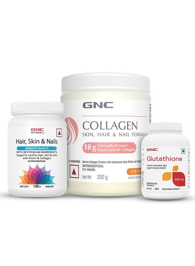 GNC Youthful Radiance Trio | Marine Collagen Powder (Orange 200 gm) | Women's Hair, Skin, and Nails (120 Tablets) + Glutathione (60 Capsules) | Reduces Fine Lines & Wrinkles | Reduces Pigmentation - Image 1