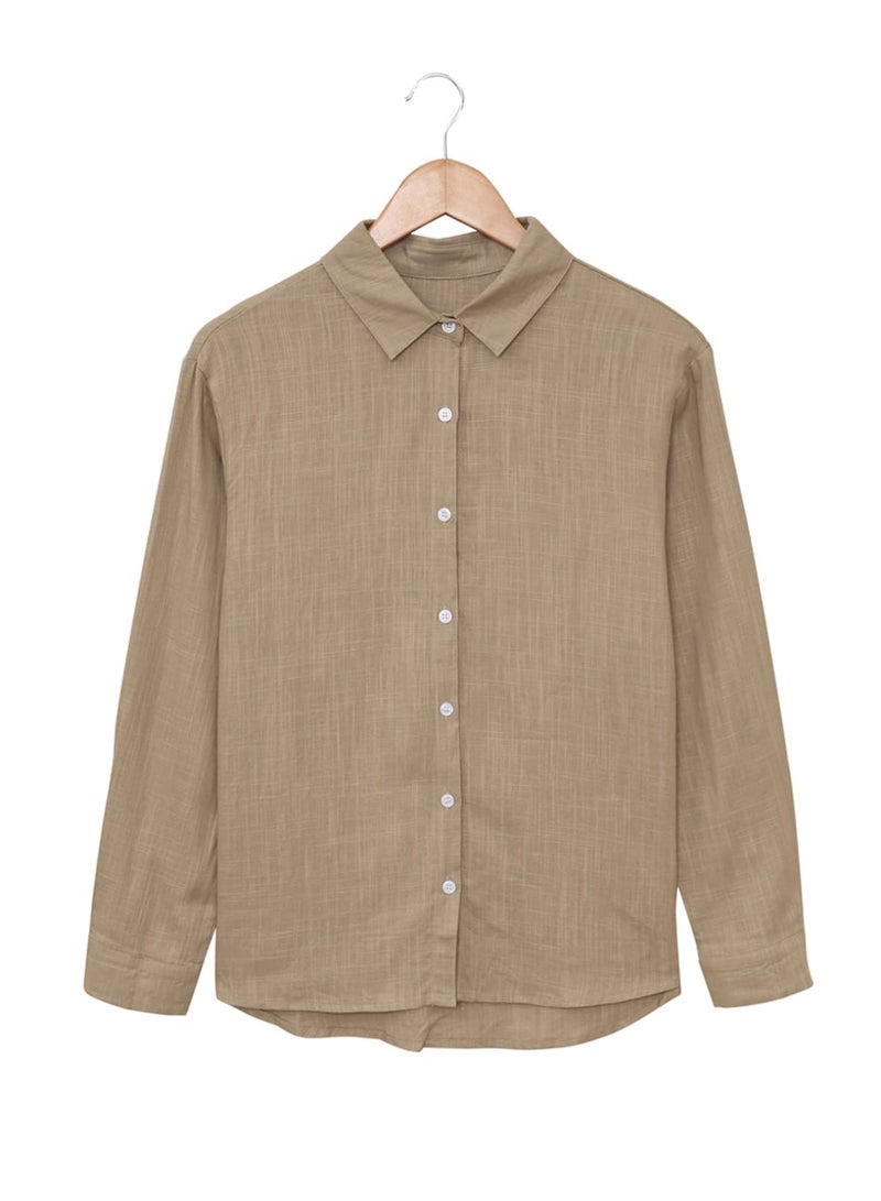 Astylish Women Fashion Clothing Long Sleeve Button Up Linen Shirts Business Casual Clothes Khaki X-Large - Image 4