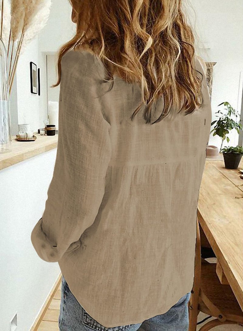 Astylish Women Fashion Clothing Long Sleeve Button Up Linen Shirts Business Casual Clothes Khaki X-Large - Image 3