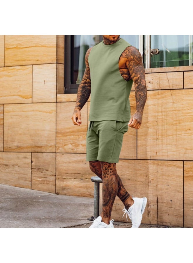 Sporty Casual Thin Five-Point Shorts Sleeveless Top Solid Color Shoulder Short Pants Two-Piece Set for Men Comfortable Breath - Image 1