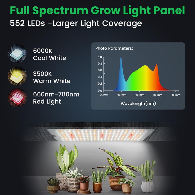 Garpsen Grow Light, 6000K Full Spectrum Plant Lights for Indoor Growing with Auto Timer 6/12/16H, 5 Dimmable Levels & 3 Color Modes, 552 LEDs Grow Lamp Panel for Seed Starting, Veg and Bloom(4Panels) - Image 3