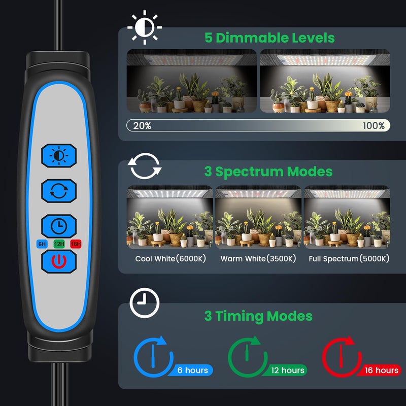 Garpsen Grow Light, 6000K Full Spectrum Plant Lights for Indoor Growing with Auto Timer 6/12/16H, 5 Dimmable Levels & 3 Color Modes, 552 LEDs Grow Lamp Panel for Seed Starting, Veg and Bloom(4Panels) - Image 5