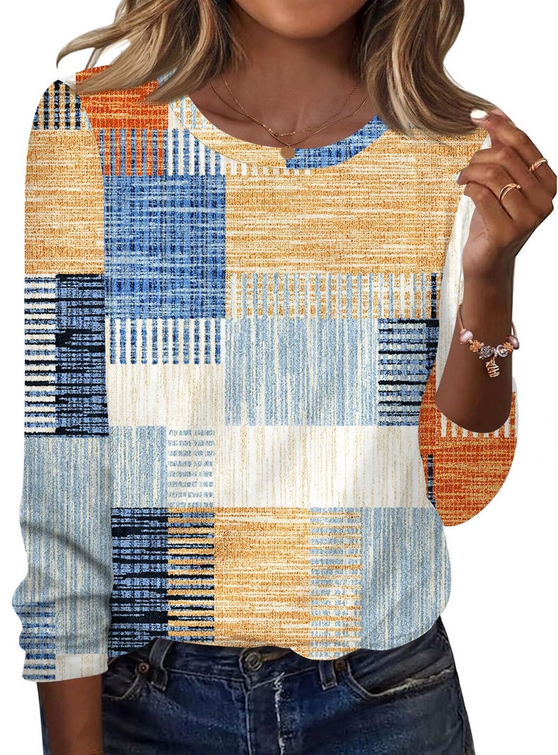 TCOT Long Sleeve Tops for Women Dressy Casual Crew Neck Office Shirts Blouses Flowy Multiple Plaid Clothes XL - Image 1