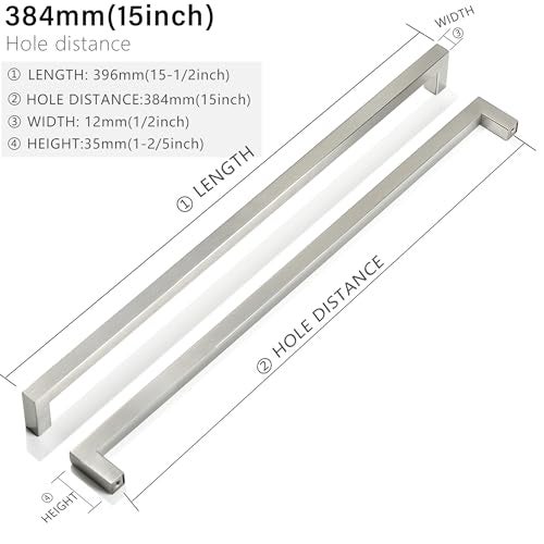 Redunest Cabinet Pulls Brushed Nickel Cabinet Handles Square Drawer Pulls, 10 Pack 15 Inch Stainless Steel Kitchen Door Cupboard Cabinet Handles, Cabinet Hardware Drawer Handles, 384mm Hole Centers - Image 2