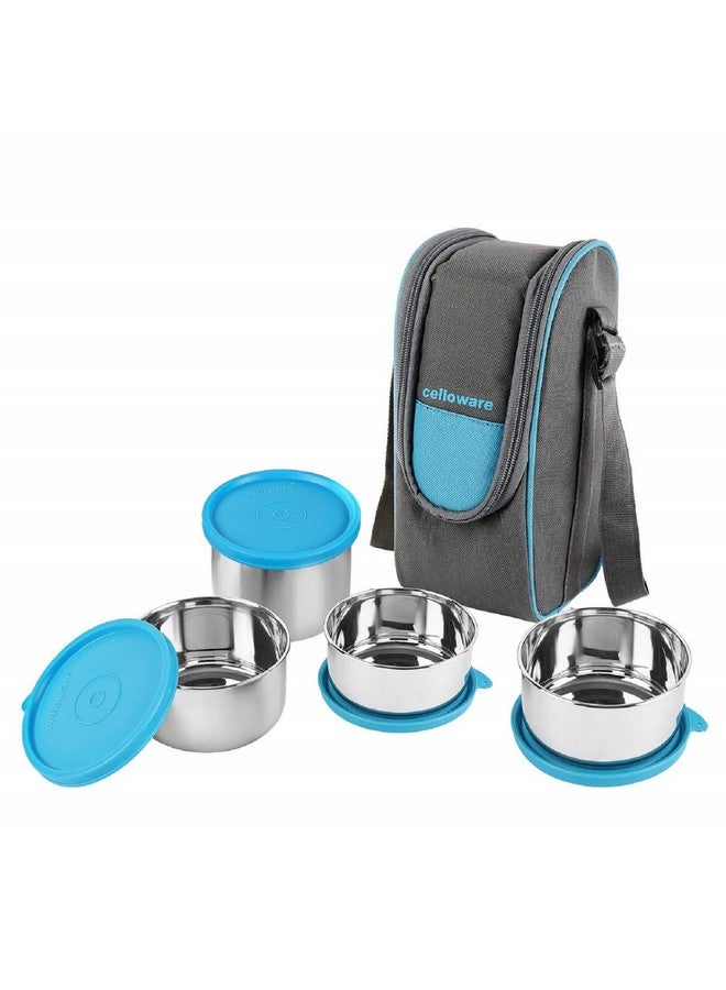 Cello CELLO Steelox Stainless Steel Lunch Box Set of 4 with Bag (Capacities - 225ml, 375ml x 2, 550ml), Blue | Tiffin Box with Jacket | Leakproof | Easy to Carry | Ideal for Office, School, College  - Image 1