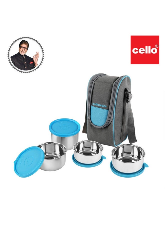 Cello CELLO Steelox Stainless Steel Lunch Box Set of 4 with Bag (Capacities - 225ml, 375ml x 2, 550ml), Blue | Tiffin Box with Jacket | Leakproof | Easy to Carry | Ideal for Office, School, College  - Image 2
