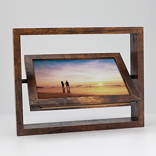 EXYGLO 2 Pack 5x7 Rustic Rotating Floating Picture Frames, Photo Frames for Vertical or Horizontal Tabletop Display, Brown - Image 4