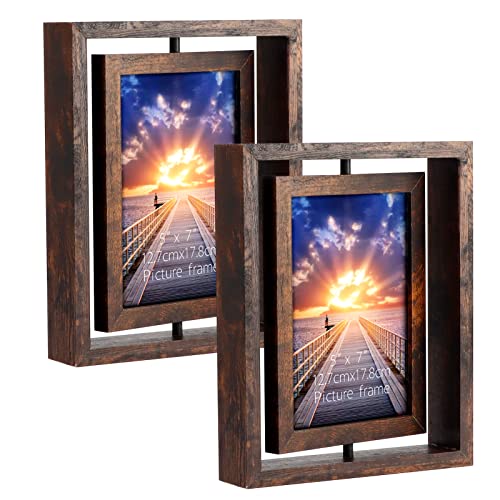 EXYGLO 2 Pack 5x7 Rustic Rotating Floating Picture Frames, Photo Frames for Vertical or Horizontal Tabletop Display, Brown - Image 1
