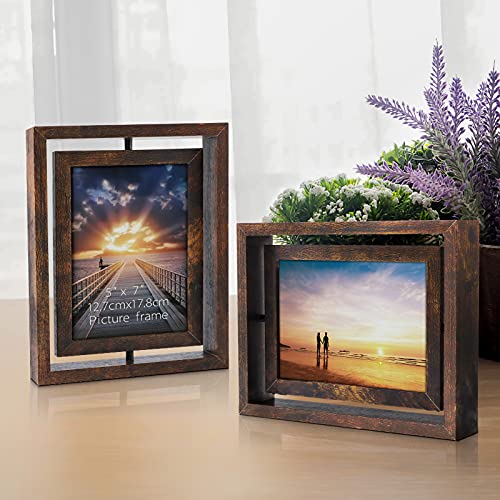 EXYGLO 2 Pack 5x7 Rustic Rotating Floating Picture Frames, Photo Frames for Vertical or Horizontal Tabletop Display, Brown - Image 5