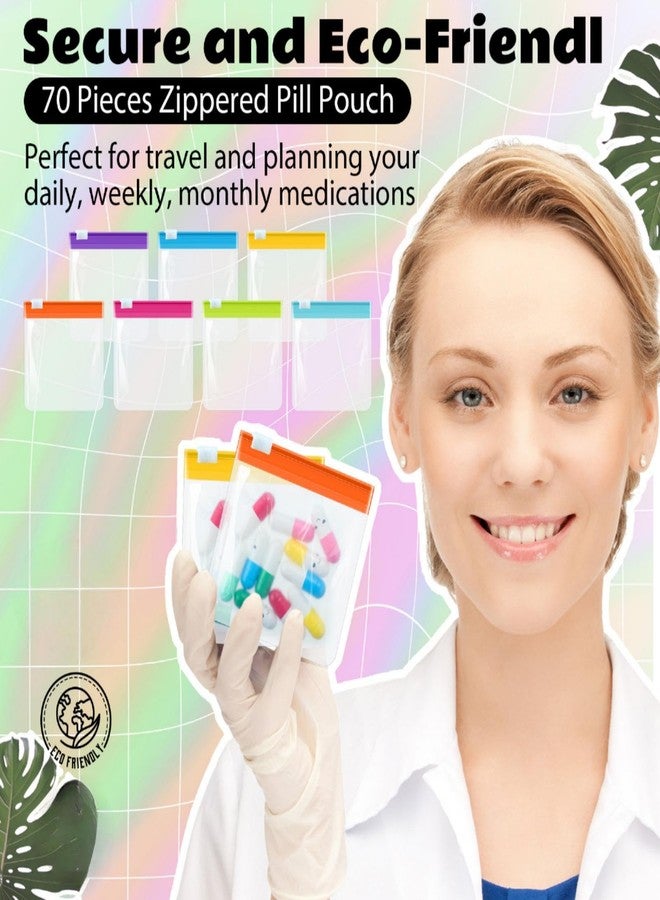 Sherr 70 قطعة حقيبة حبوب أسبوعية قابلة لإعادة الاستخدام مجموعة منظم الأدوية بسحاب منظم أدوية ذاتية الإغلاق حقائب حبوب بلاستيكية للسفر مع قفل منزلق لتخزين العناصر الصغيرة (أسلوب مشرق) - Image 3