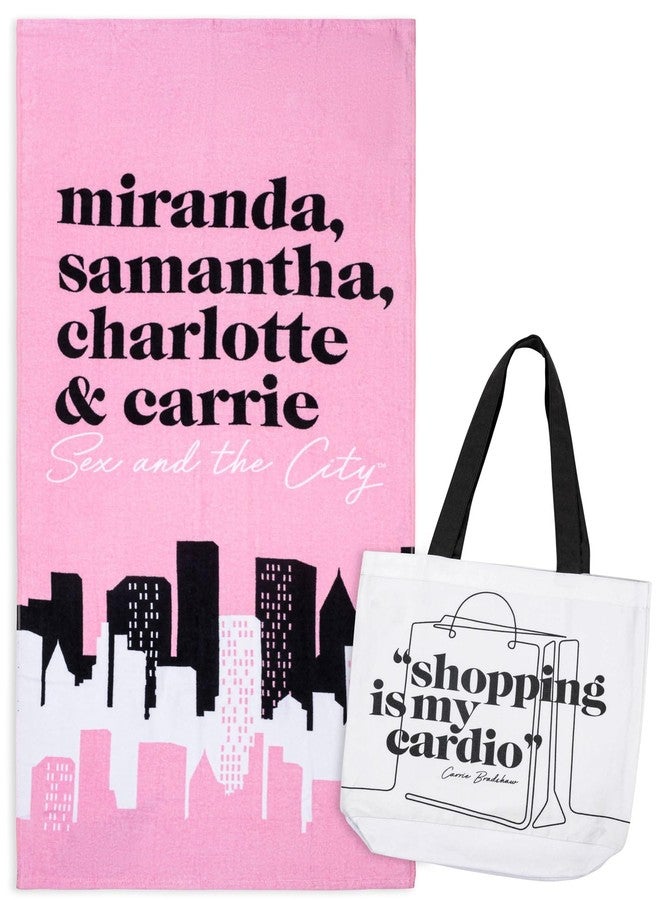 Jay Franco Sex and The City Beach Tote Bag and Towel Set - Canvas Shoulder Handbag Measures 16 x 14 Inches Double Straps with Super Soft and Absorbent 28 x 58 Inch Beach Towel - Image 1