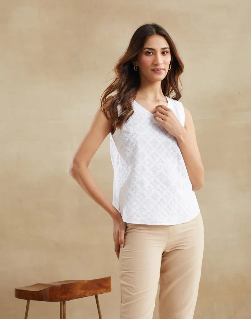 Fabindia White Cotton Chikankari Top