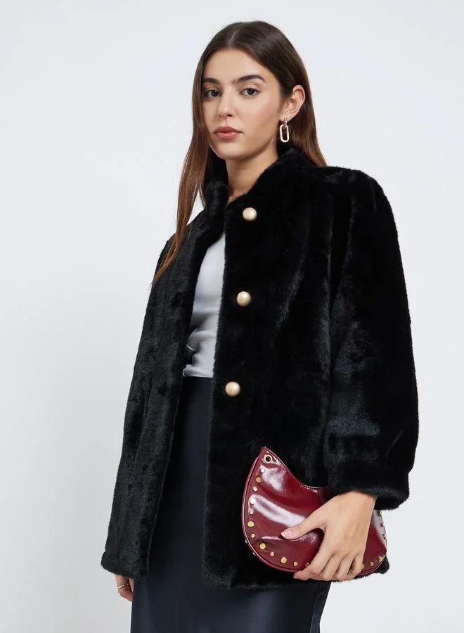 Styli Black Faux Fur Longline Coat
