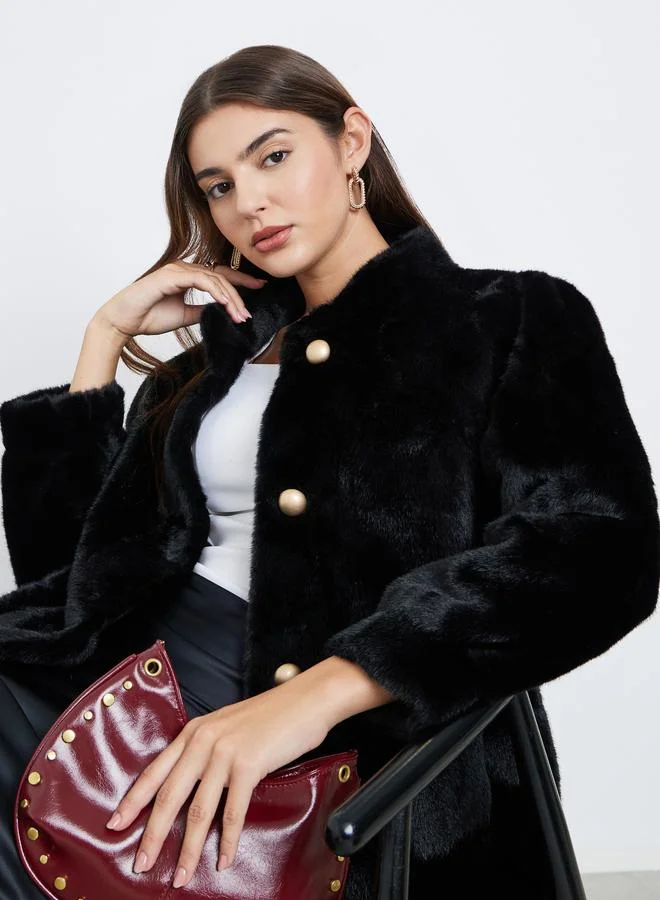 Styli Black Faux Fur Longline Coat