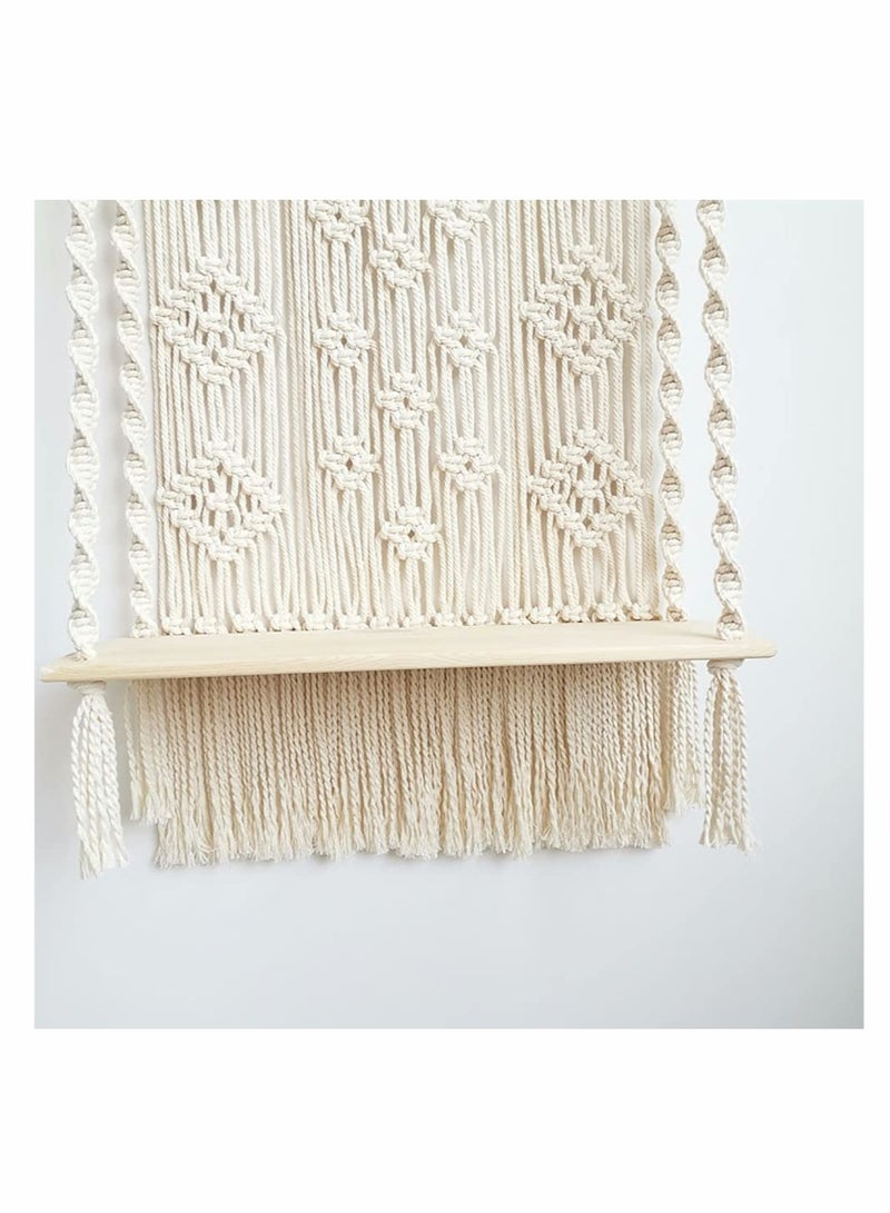 رف حائط ماكرومي يدوية الصنع لديكور المنزل البوهيمي، حامل ومُنظم نباتات من حبل قطن مُنسوج، عرض أنيق من خشب أبيض للنباتات الداخلية - Image 4