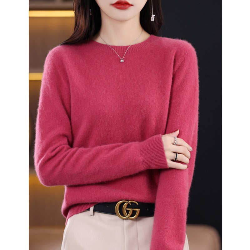 Woolen sweater womens solid color round neck 23 new long sleeve seamless knitted first-line garment wool sweater undershirt Raspberry color