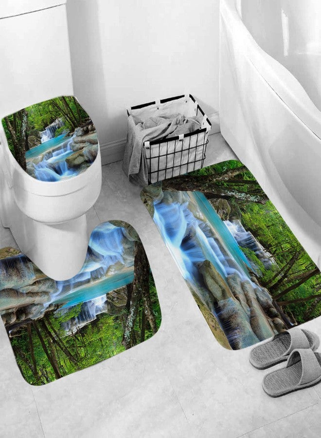 DDS-DUDES 4Pcs Shower Curtain Sets, Natural Scenery Spring Forest Waterfall Waterproof Bathroom Sets with Shower Curtain and Rugs Toilet Cover and Bath Mat, 12 Plastic Hooks (Forest Waterfall) - Image 3
