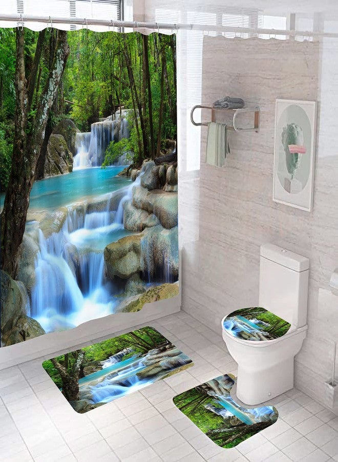 DDS-DUDES 4Pcs Shower Curtain Sets, Natural Scenery Spring Forest Waterfall Waterproof Bathroom Sets with Shower Curtain and Rugs Toilet Cover and Bath Mat, 12 Plastic Hooks (Forest Waterfall) - Image 1